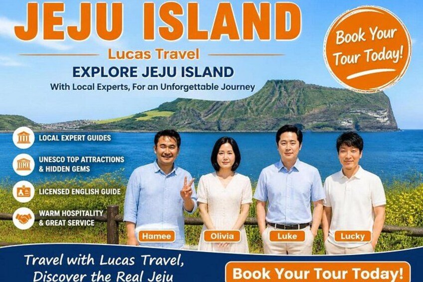 A travel advertisement for Jeju Island tours by Lucas Travel. It features a scenic view of Jeju Island with a clear blue sea and lush greenery. The ad highlights local expert guides, UNESCO top attractions, licensed English guides, and warm hospitality. 3