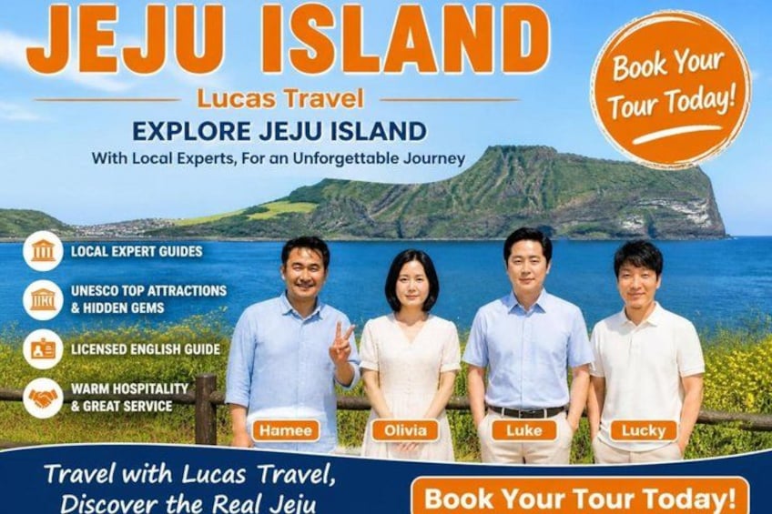 Jeju Island travel advertisement with local guides, UNESCO attractions, and a licensed English guide. 4