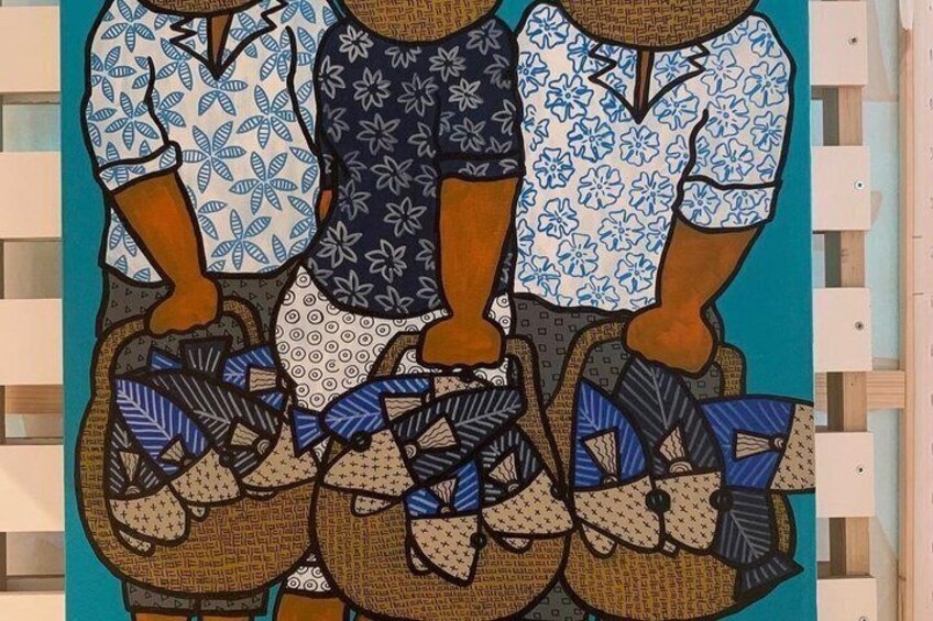 A painting of three figures in patterned shirts holding baskets. 3