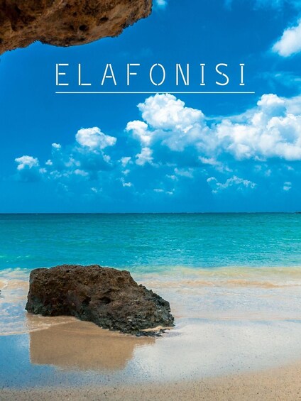 A beach with clear turquoise water, a large rock in the foreground, and the word 'ELAFONISI' in the sky. 4