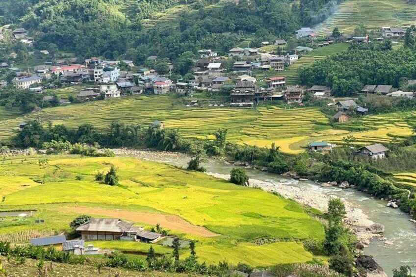 Terraced rice fields, a river, and a village with houses. 5