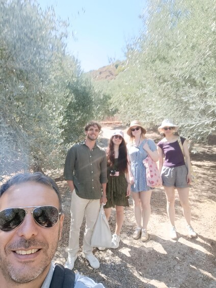 A group of people standing in an olive grove. 2