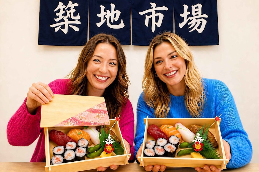 Two individuals holding wooden boxes of sushi with decorative elements. 5