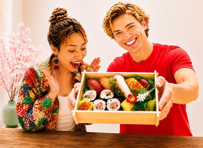 Two people holding a wooden box with various sushi dishes. 1