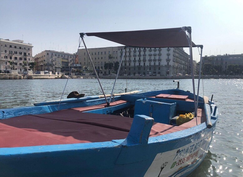 A blue boat with a red canopy moored by a waterfront with buildings in the background. 5