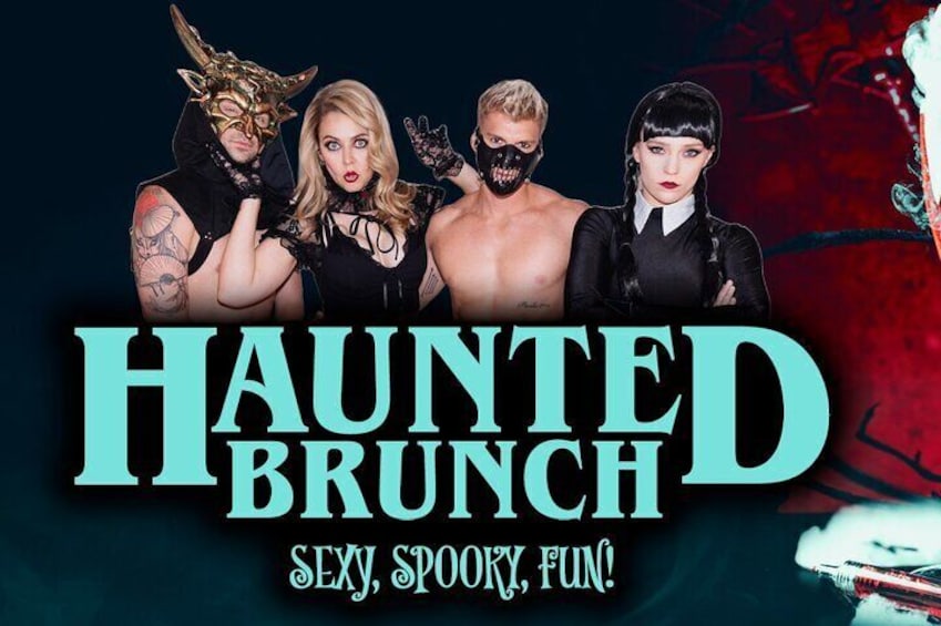 A promotional poster for 'Haunted Brunch' with a spooky theme, featuring four individuals in costumes. 1