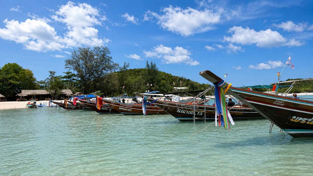 A row of traditional boats docked at a beach with clear turquoise water and a backdrop of palm trees and a clear sky. 3
