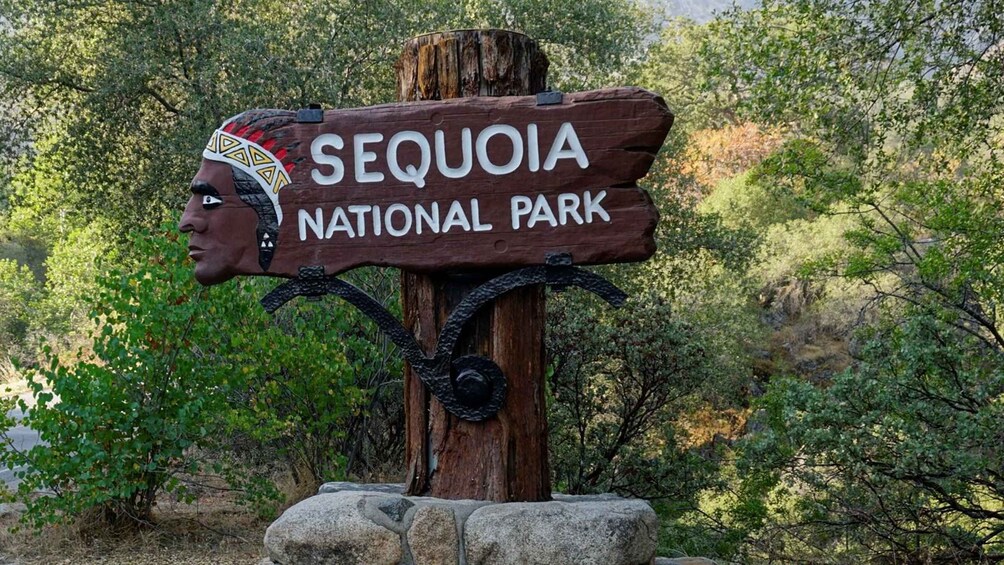 A wooden sign with 'Sequoia National Park' written on it, mounted on a post with a carved head. 1