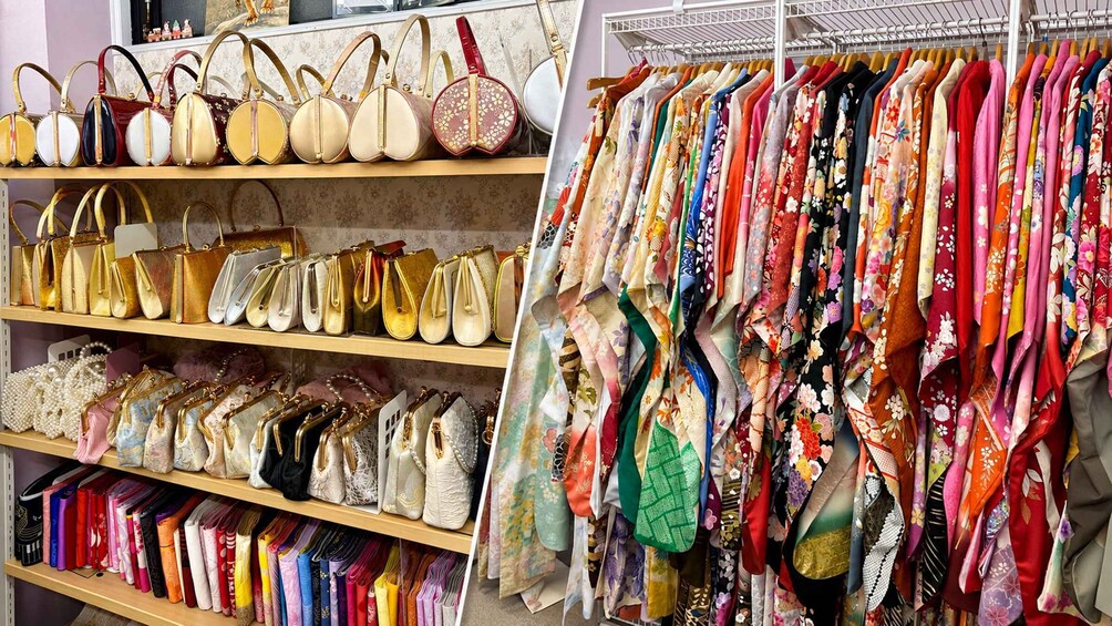Shelves of handbags and a rack of colorful fabrics. 4