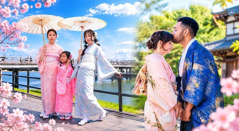 A family in traditional attire by a riverside with cherry blossoms. 5