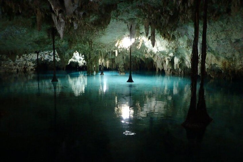 A cave with stalactites, a central water feature, and a light source. 1