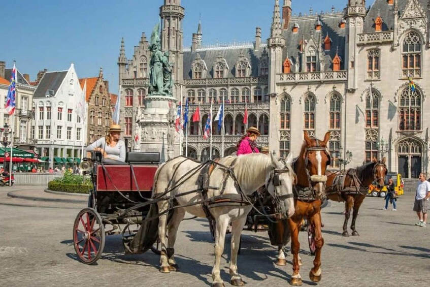 A horse-drawn carriage in front of a historic building with flags. 5