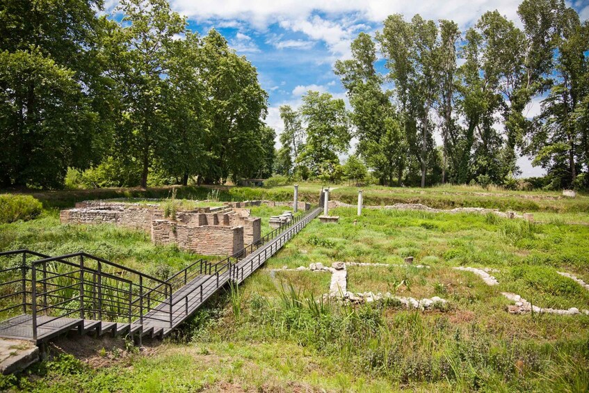 A historical site with ruins, a wooden walkway, and surrounding greenery. 2
