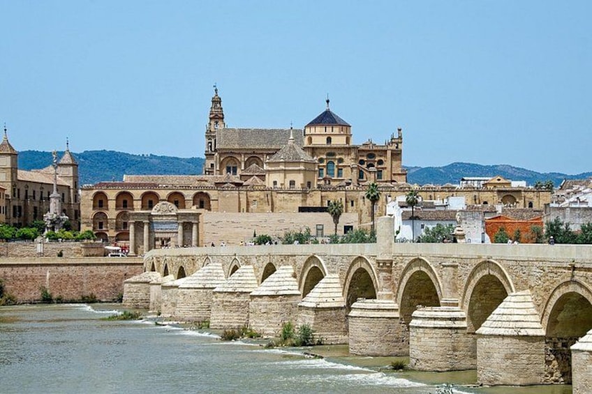 A historic bridge with arches, a river, and a prominent building with a tower in the background. 3