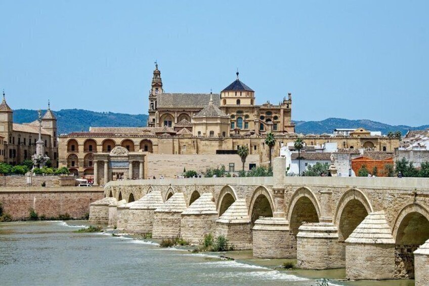 A historic bridge with arches, a river, and a prominent building with a tower in the background. 3