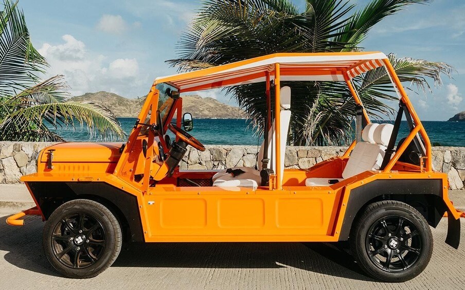 A bright orange off-road vehicle parked by a coastal road with palm trees and a mountainous backdrop. 1