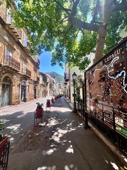 A tree-lined street with historic buildings, a map display, and red planters. 3