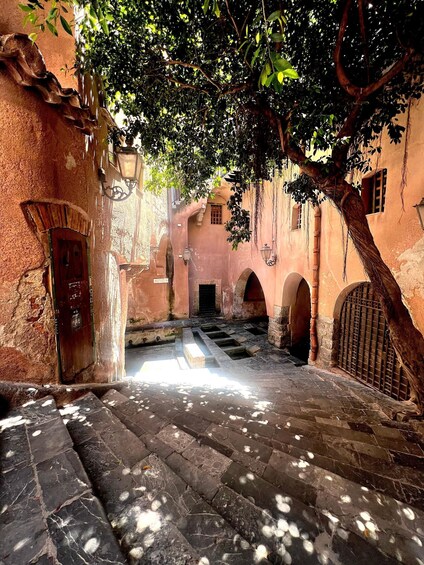 A narrow stone staircase in a historic building with arches and a tree overhead. 4