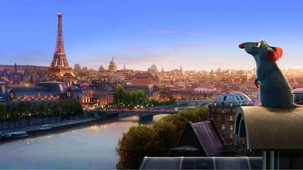A cityscape with the Eiffel Tower, a river, and a rat overlooking the scene. 5