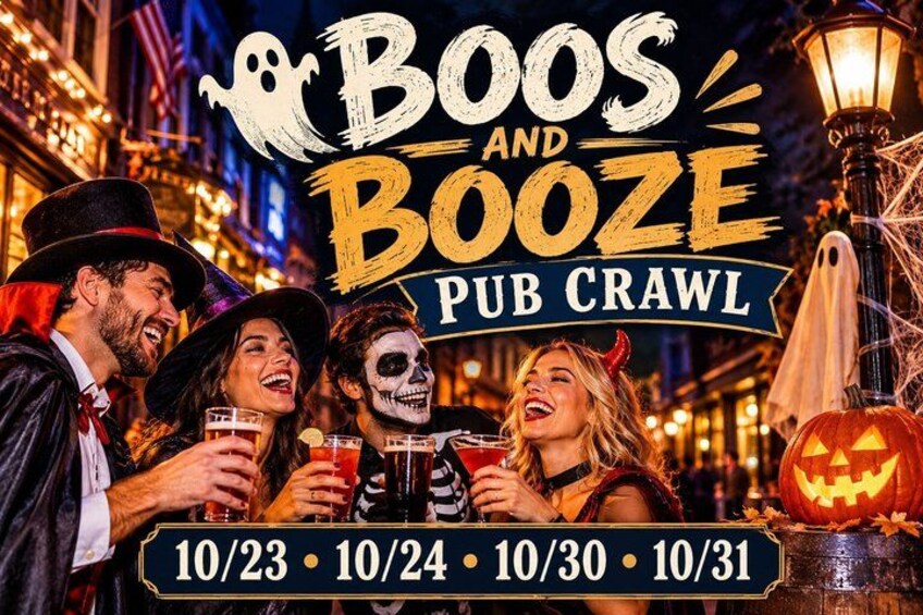 A Halloween-themed event with a sign indicating a pub crawl from 10/23 to 10/31. 1