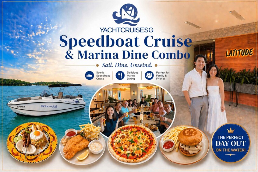 A speedboat, a marina dining area, and a group of people. 1
