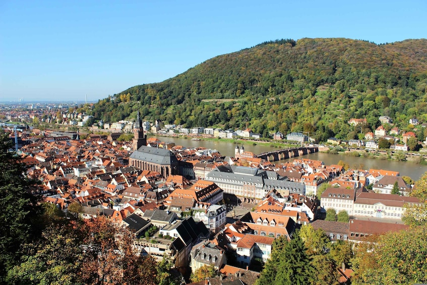 A town with red-roofed buildings, a river, and a hill in the background. 1
