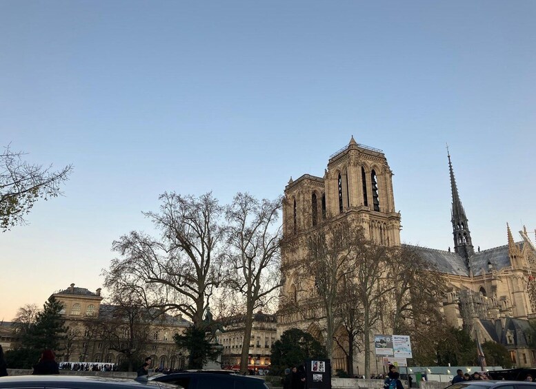 Notre-Dame Cathedral with a spire, surrounded by trees and buildings. 1