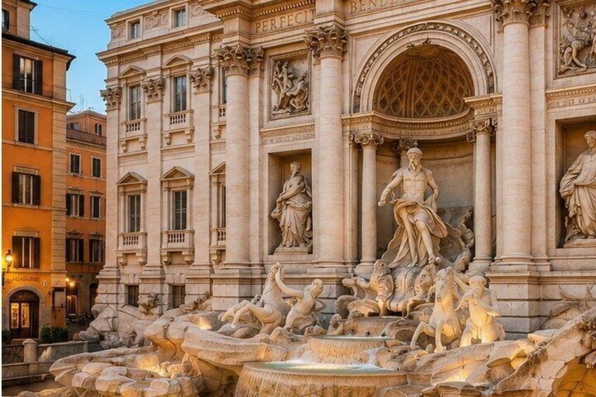 The Trevi Fountain with sculptures and a large arch. 2