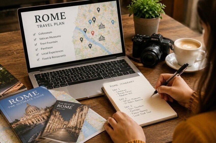A travel planner with a Rome itinerary, a map on a laptop, and a Rome travel guide book. 5