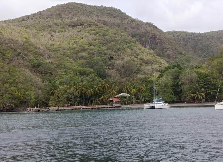 A coastal scene with a dock, a small hut, and a sailboat. 3