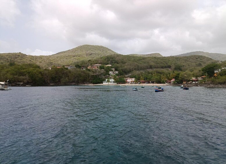 A coastal scene with calm water, boats, and a hilly landscape with buildings. 2