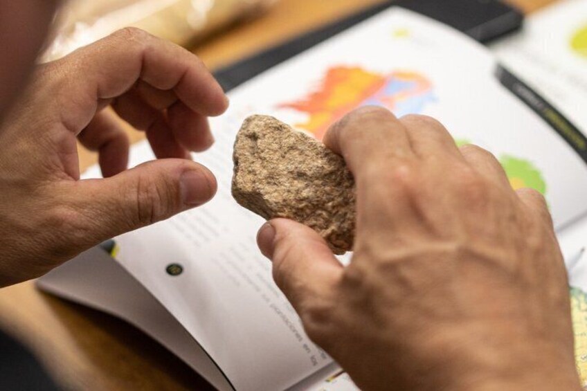 A person holding a rock while reading a book. 5