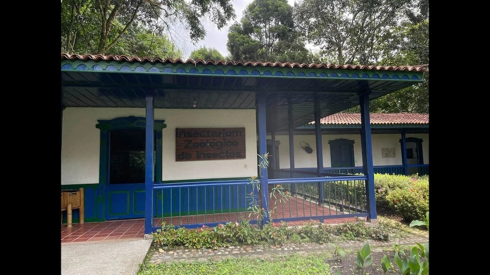 A building with a blue and white exterior, a covered porch, and a sign that reads 'Insectarium Zoologico de Insectos.' 1