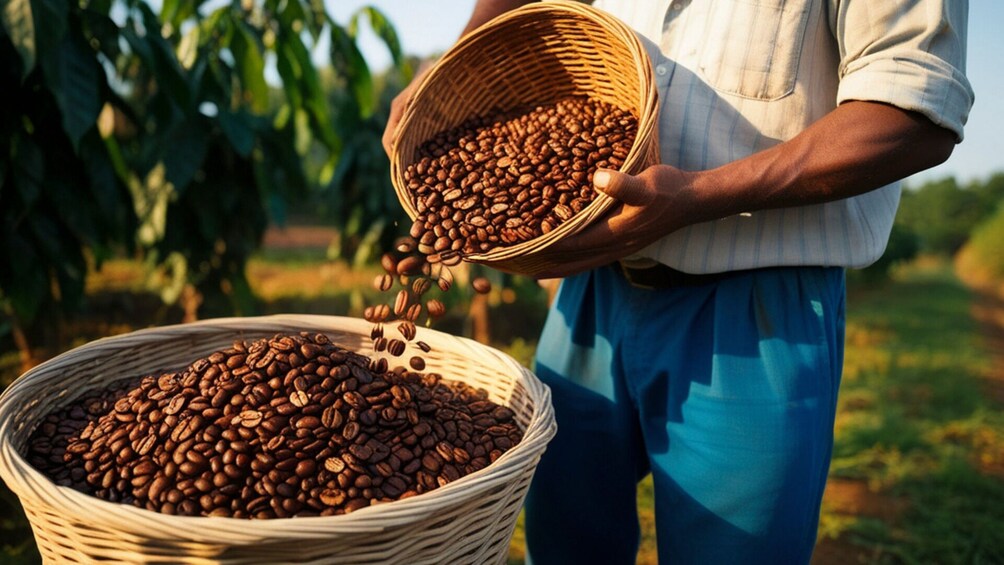 A person pouring coffee beans from a basket into a larger basket. 1