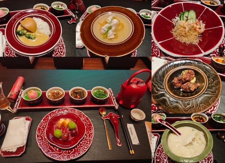 A variety of dishes on a table, including a bowl of soup, a plate with rice and vegetables, and several small bowls with different foods. 2