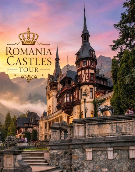 A historic castle with a prominent tower and a golden crown symbol. 1