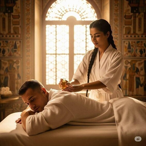 A person receiving a massage in a room with Egyptian wall art. 1