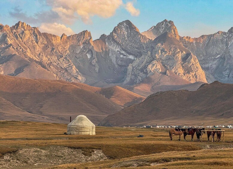 A yurt in a grassy field with horses in the foreground and mountains in the background. 1
