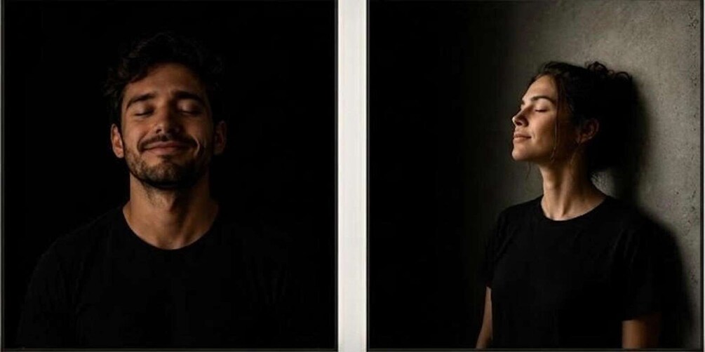 Two individuals in dark clothing against a dark background. 2
