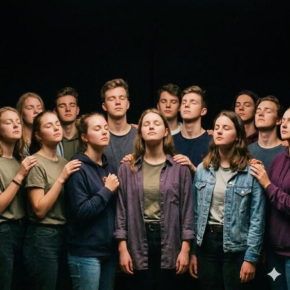 A group of people standing closely together. 4
