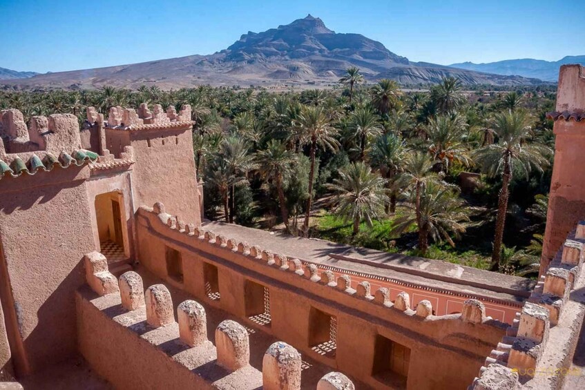 A fortress with battlements overlooking a palm grove and a mountain in the distance. 3
