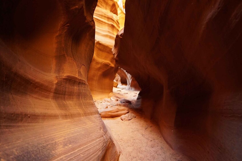 A narrow canyon with smooth rock walls and a visible trail. 2