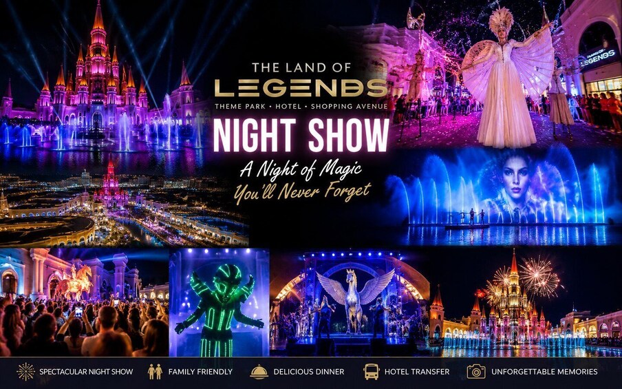 A nighttime show at a theme park with illuminated castle, fountains, and performers. 5
