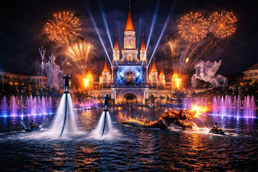 A castle with fireworks and fountains. 1