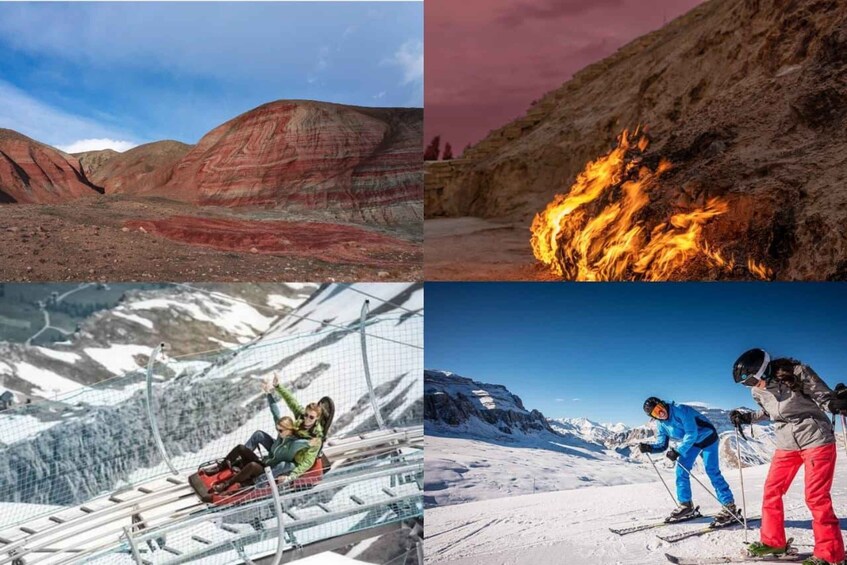A red rock canyon, a fire burning on a cliff, a person sliding on a zip line, and two people skiing. 1