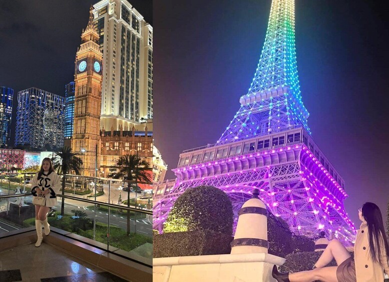 A cityscape with a prominent clock tower and a brightly lit tower with a spire. 3