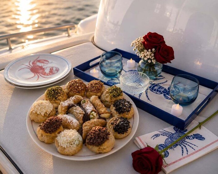 A tray with pastries and a rose on a boat deck. 3