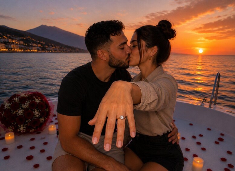 A couple embracing on a boat with a sunset in the background. 4