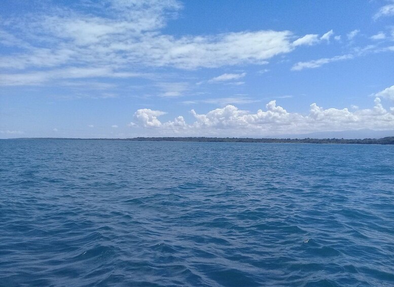A calm sea with gentle waves, a clear sky, and a distant shoreline. 5