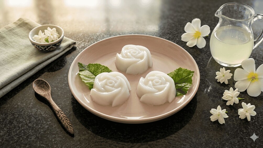 A plate with four white rose-shaped desserts, a pitcher of clear liquid, and scattered white flowers on a dark countertop. 3